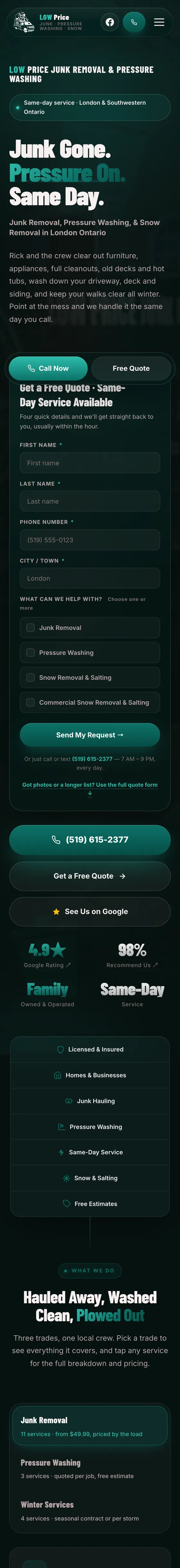 The LOW Price Junk Removal homepage on a phone