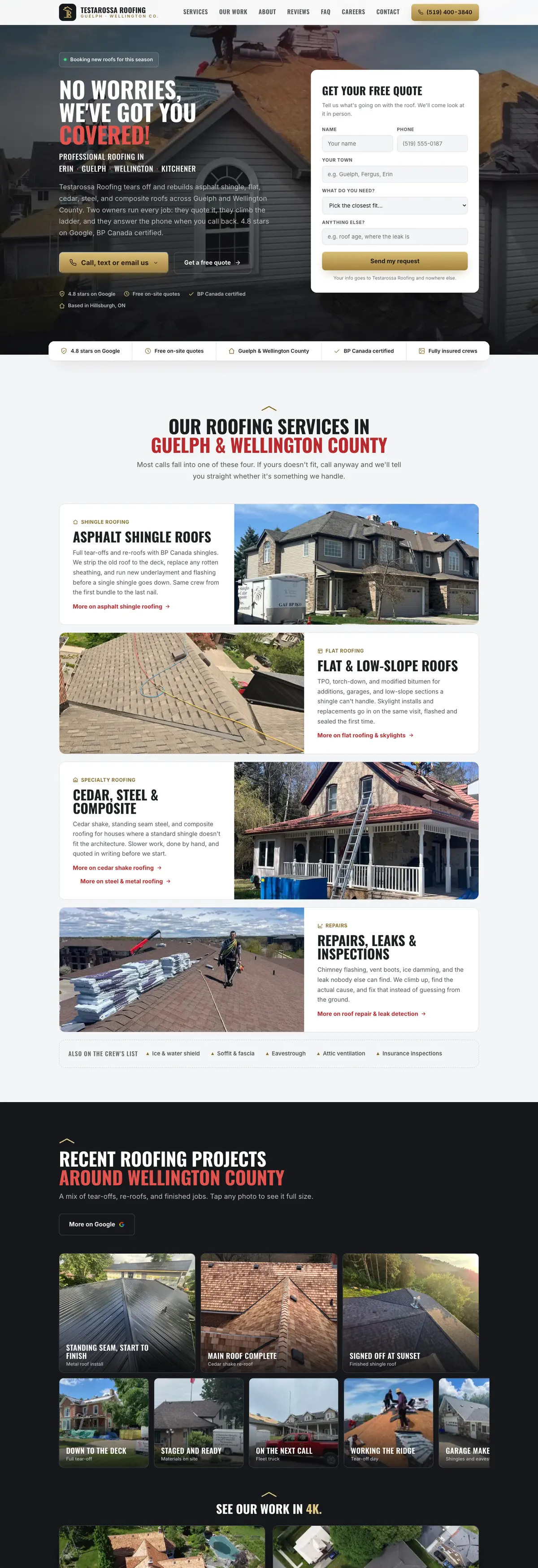 The Testarossa Roofing homepage on a desktop screen