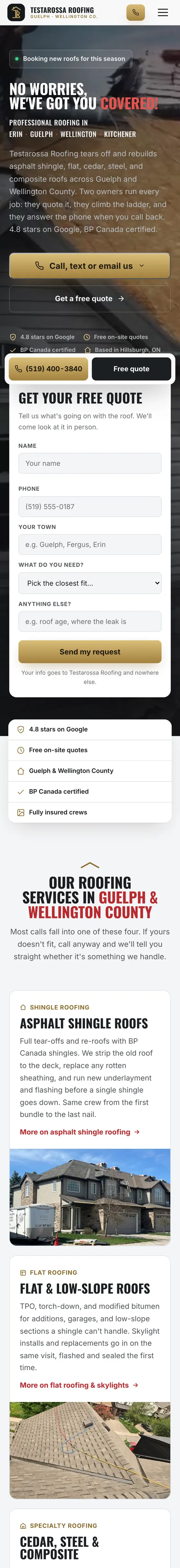 The Testarossa Roofing homepage on a phone